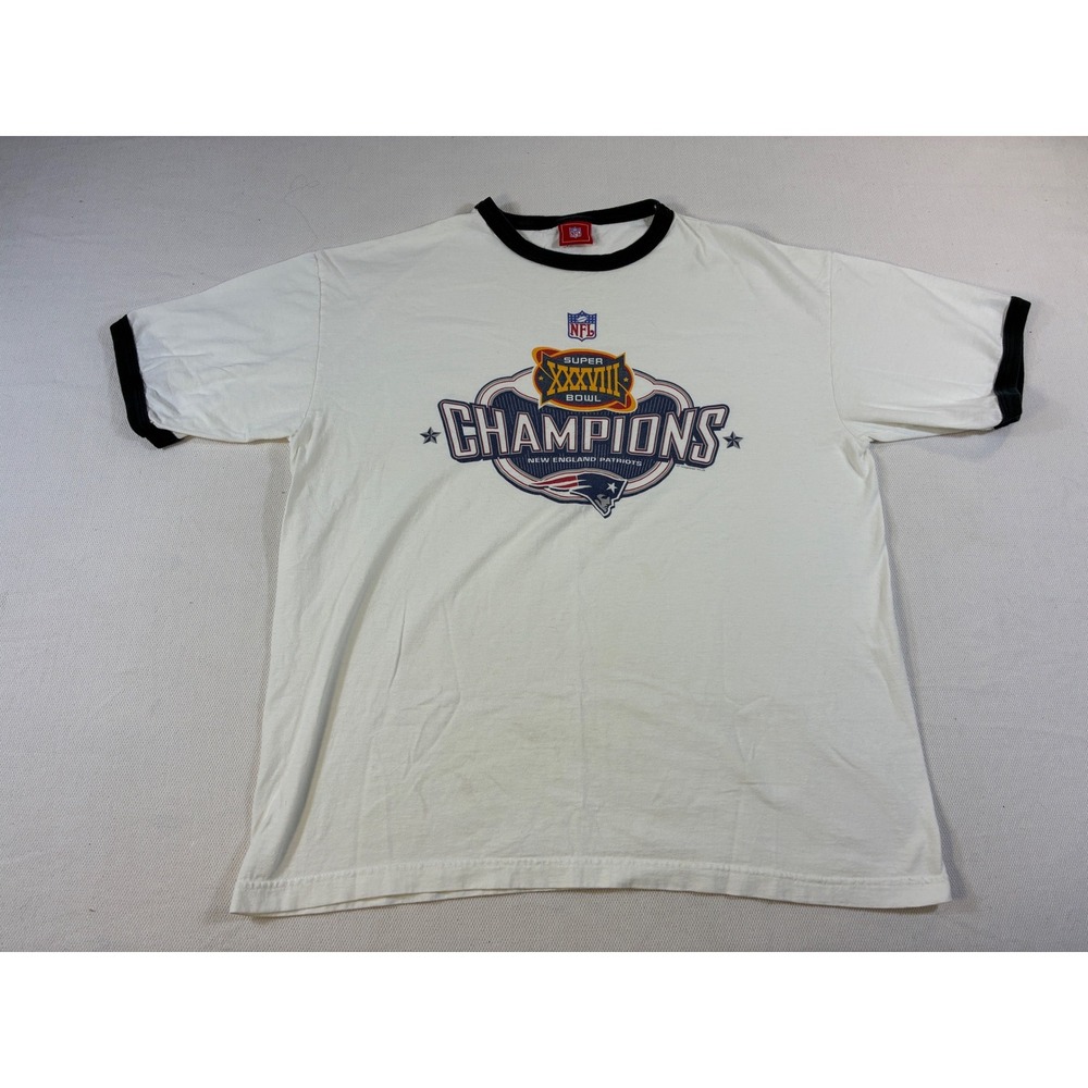 Vintage NFL New England‎ Patriots Super Bowl XXXVIII Champions Ringer T XL White